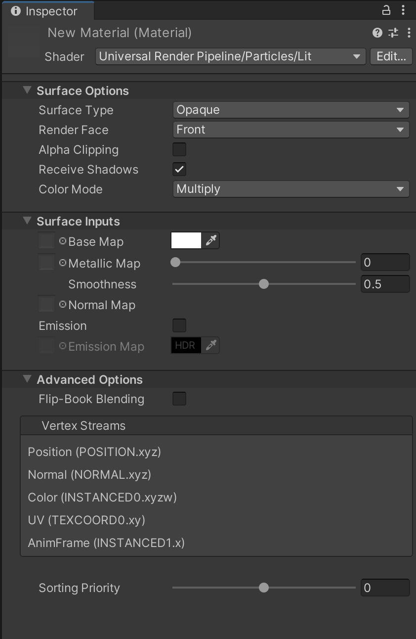 粒子光照着色器的 Inspector 窗口