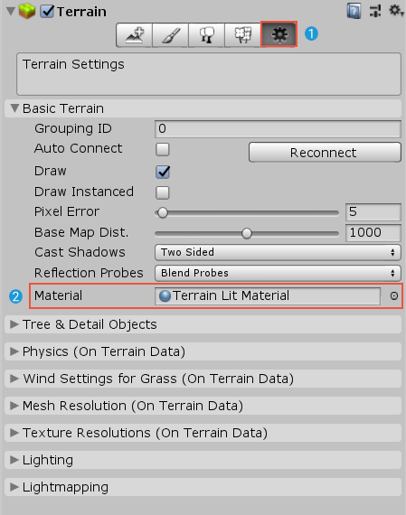 地形游戏对象 Inspector，Terrain Settings。