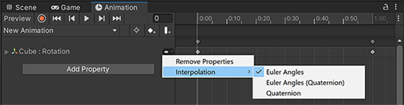 The Animation window, with the interpolation menu expanded to show the rotation interpolation options.