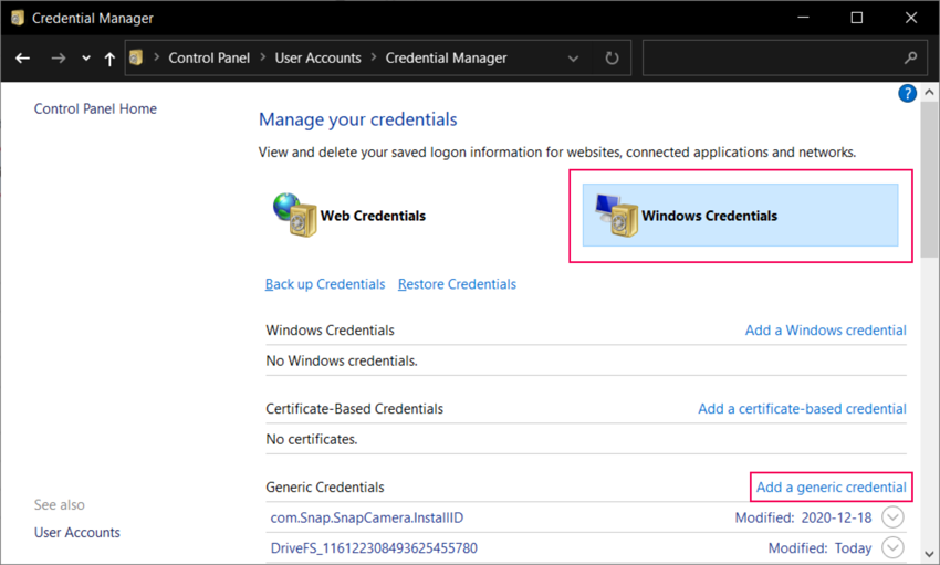 在 Windows Credential Manager 中添加通用凭据