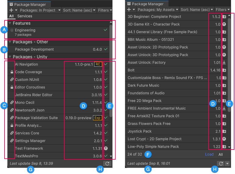 The image on the left displays all features sets and packages installed in your project, and the image on the right displays all Asset Store packages