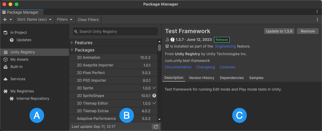 导航面板 (A)、列表面板 (B) 和详细信息面板 (C)