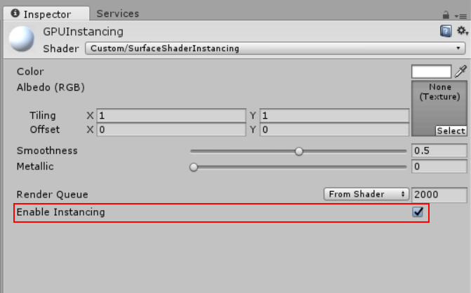 The Enable Instancing checkbox as shown in the Shader Inspector window