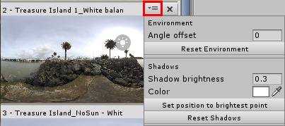 Click on the 3-lines button (highlighted here) to access each HDRIs properties menu