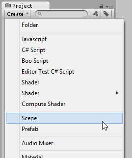 Creación de un nuevo asset de Scene desde el menú Create de la ventana Project