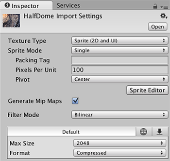 Fig 1: Set Texture Type a Sprite (2D y UI) en el inspector del Asset