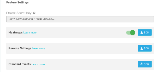 Sección Feature Settings de la página Analytics Configure 