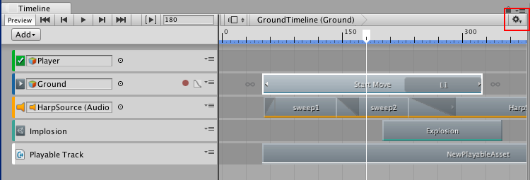 Haga clic en el icono Cog en la ventana del Editor de Timeline para ver el menú de Configuración de Timeline