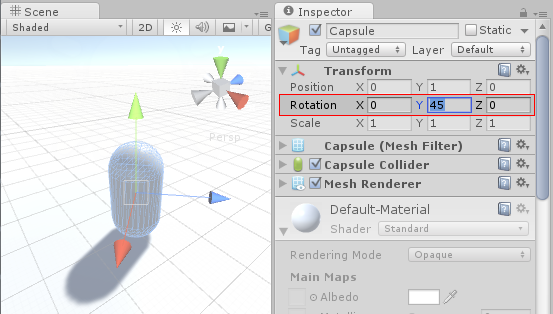 La rotación de un Game Object se visualiza y edita como ángulos de Euler en el inspector, pero se almacena internamente como un Quaternion
