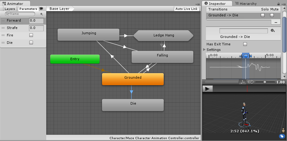 Una vista típica de un Animation State Machine en la ventana Animator