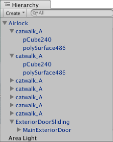 Ejemplo de una jerarquía Padre-Hijo. GameObjects con flechas plegables a la izquierda de sus nombres son padres.