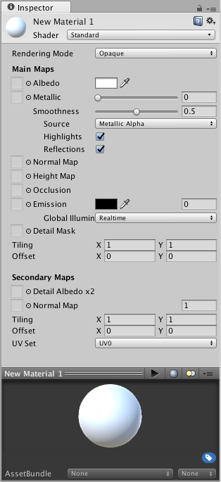 Un material Standard Shader sin parámetros predeterminados y sin valores o texturas asignadas