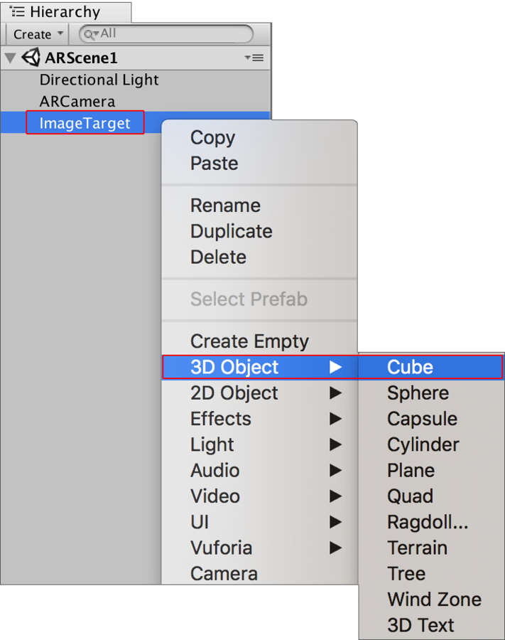 Agregar una primitiva cubo como hijo del GameObject Image Target