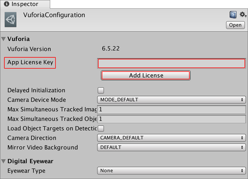 Entering your Vuforia development key in the Vuforia Configuration settings