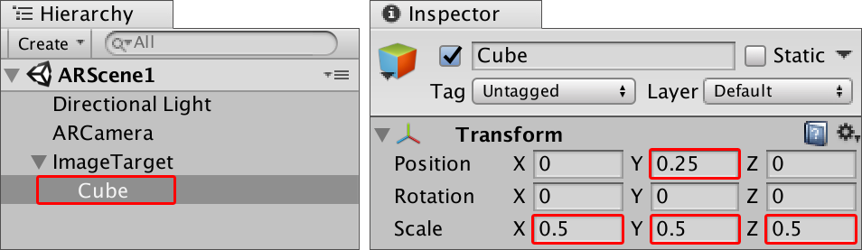 Cambie de escala y posición Y del cubo GameObject