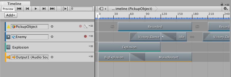 A cinematic in the Timeline Editor window. The tracks and clips are saved to the project. The references to GameObjects are saved to the scene.