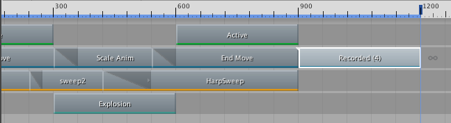 Al duplicar el clip Scale Anim, se coloca una copia del clip grabado Recorded(1) al final de la misma pista. La copia del clip grabado se denomina Recorded (4) en función del número de clips grabados ya asociados con el Asset Timeline.