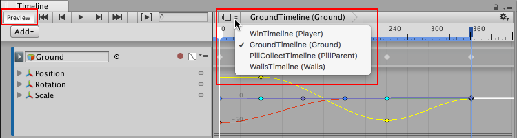 Timeline Preview button with Timeline Selector and menu. Selecting a Timeline instance automatically enables the Timeline Preview button.