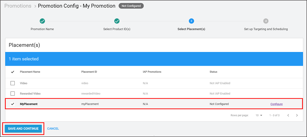 Seleccionando Placements para incluirlos en su Promoción en el Developer Dashboard