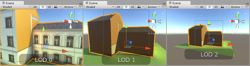 Los modelos LOD 1 y LOD 2 aquí están iluminados incorrectamente porque los light probes no se han colocado alrededor del modelo en la escena. Solo muestran iluminación directa.