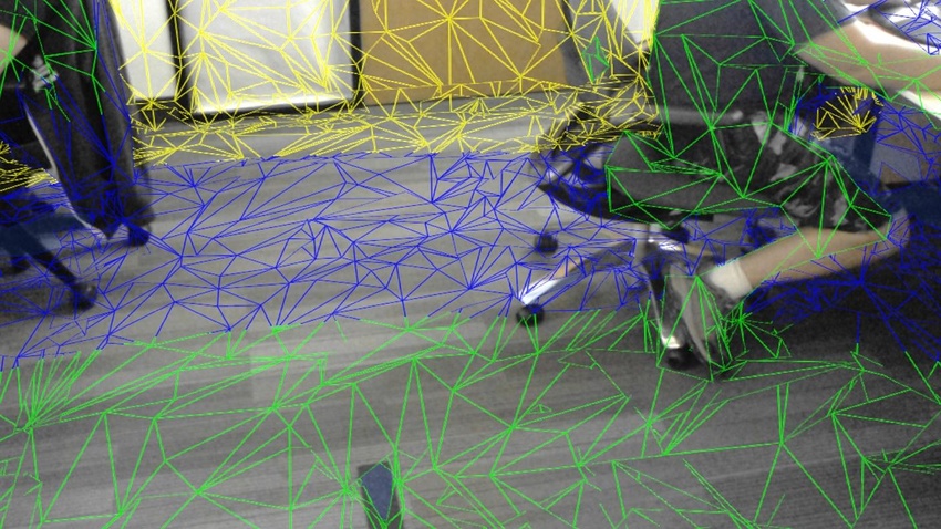 Un shader wireframe en el Spatial Mapping Renderer. Los colores en el wireframe representan distancias.