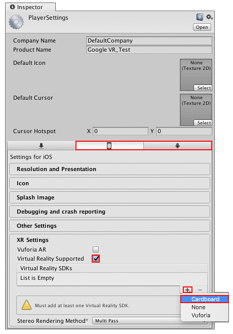 Búsqueda de ajustes específicos de la tarjeta de cardboard para iOS/Android (Edit > Project Settings > Player > XR Settings)