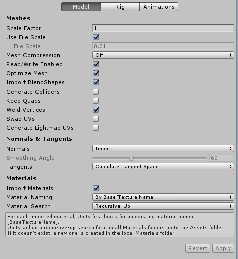 Cuadro de diálogo Import Settings Dialog para un mesh