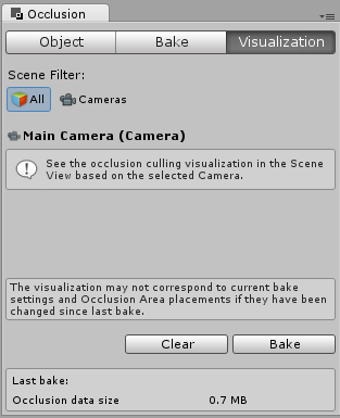 La pestaña visualization del inspector Occlusion Culling