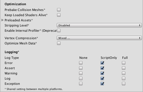 The Optimization section of the Android PlayerSettings window