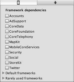 Ajustes del plugin iOS, mostrando dependencias del Framework