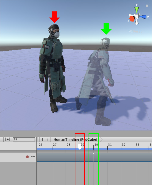 El humanoide salta entre el primer clip de animación, que termina en el frame 29 (flecha roja y recuadro), y el segundo clip de animación, que comienza en el frame 30 (fantasma con flecha verde y recuadro)