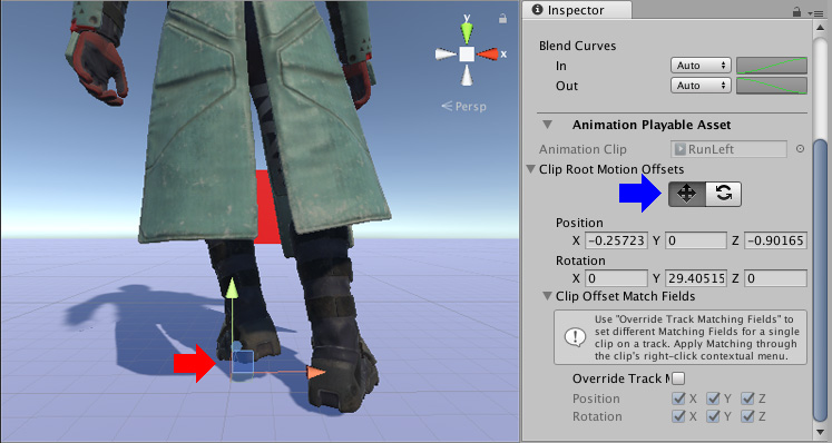 Habilite la herramienta Mover (ventana del Inspector, flecha azul) para mostrar Mover Gizmo (flecha roja) en la vista de Escena. Utilice Move Gizmo para colocar manualmente el desplazamiento de movimiento de la raíz del clip de animación seleccionado.