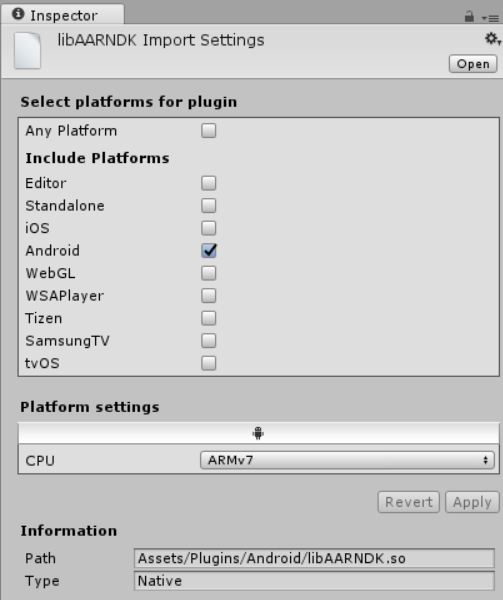 Configuración de importación de plug-in nativo (C ++) como se muestra en la ventana Inspector