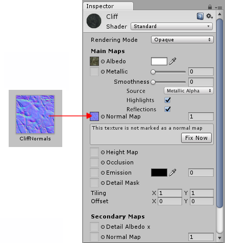 La advertencia Fix Now aparece cuando se intente utilizar un normalmap que no ha sido marcado como tal en el inspector.