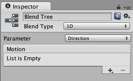 Un Blend Node (Nodo de Mezcla) mostrado en el Inspector antes de que cualquier movimiento haya sido agregado
