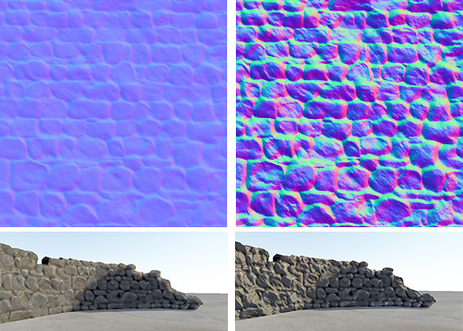 Ajustes de Bajo y Alto Bumpiness cuando importe un height map como un normal map, y el efecto resultante en el modelo.