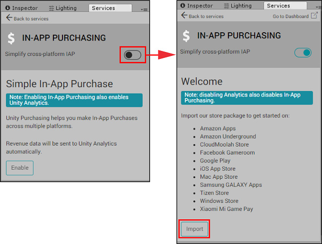 Enabling Unity IAP in the Editor’s Services window