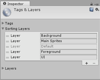 La lista de__Sorting Layers__ mostrando cuatro sorting layers personalizadas