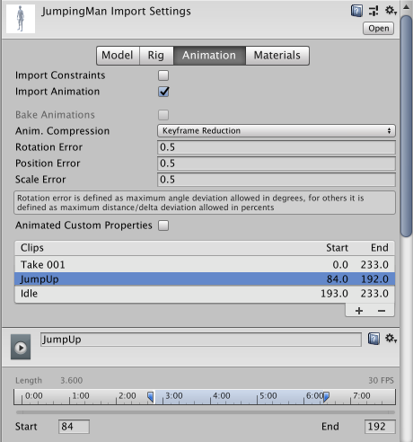 Model file with several animation clips defined