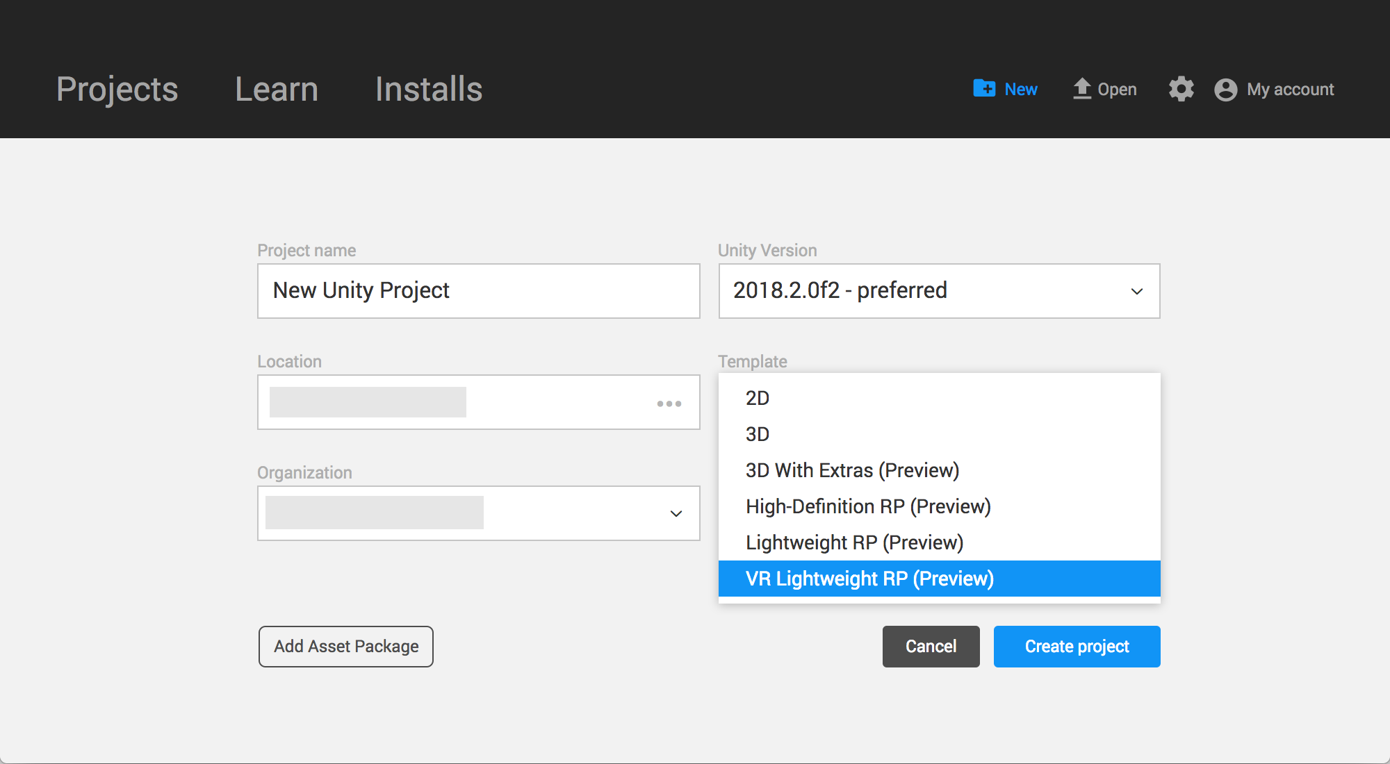 Project Templates drop-down selection