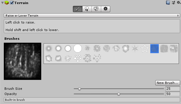 Raise or Lower Terrain tool in the Terrain Inspector