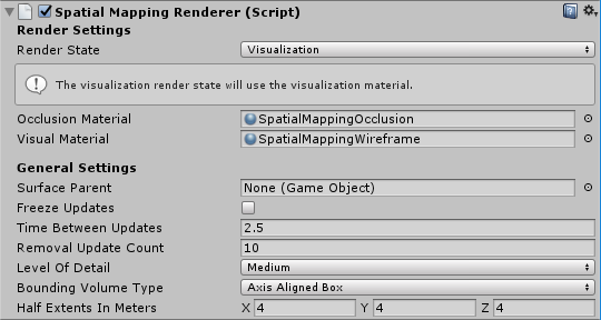 Spatial Mapping Renderer component as it appears in the Unity Editor