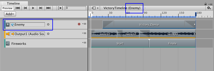 The Enemy GameObject (blue) is also attached to the VictoryTimeline Timeline Asset