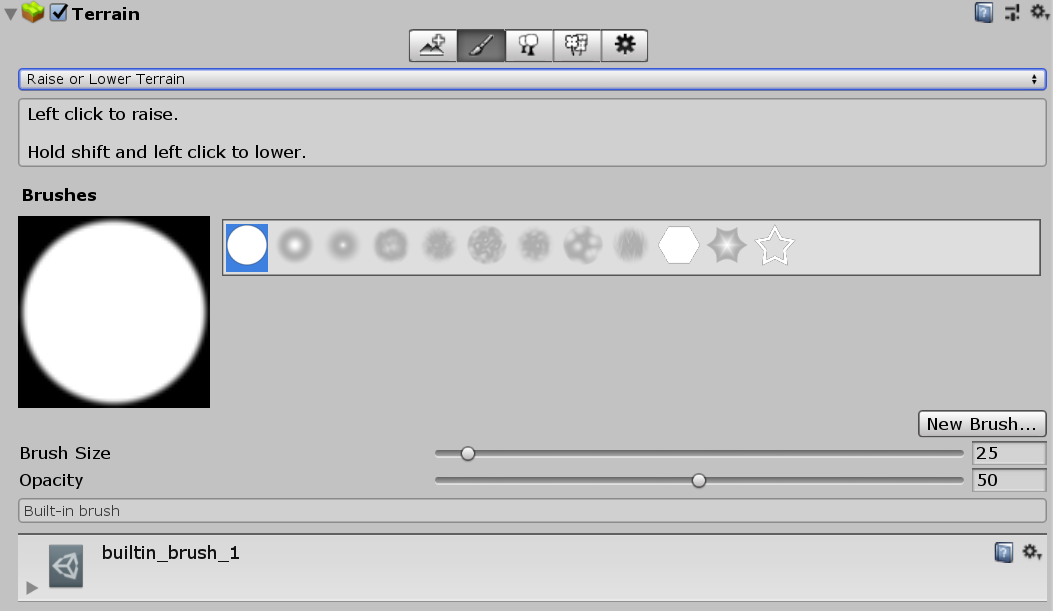 Raise or Lower Terrain tool in the Terrain Inspector