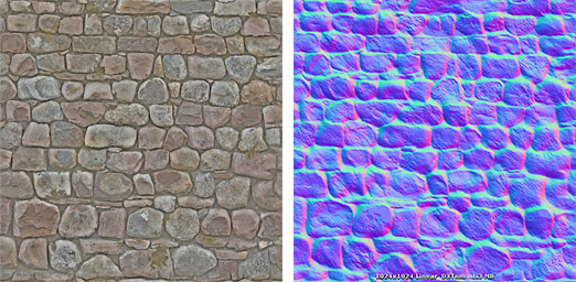 Una textura de una pared de piedra y su textura normal map correspondiente.