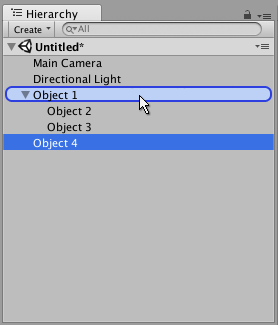 In this image, Object 4 (selected) is being dragged onto the intended parent GameObject, Object 1 (highlighted in a blue capsule).