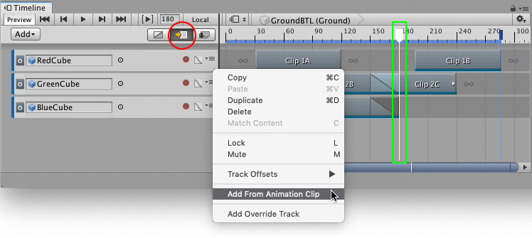 Accurately insert a clip with the Ripple mode (red circle), the Timeline Playhead (green box), and the Add From Animation Clip in the Track menu