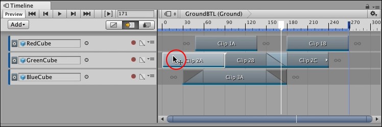 Timeline window with Ripple mode as the selected Clip Edit mode. The position cursor (circled) indicates where you drag to position the clip.