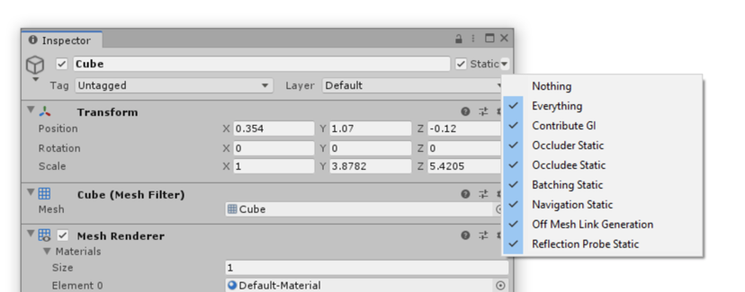 La casilla de verificación Static y el menú desplegable, como se ve al ver un GameObject en el Inspector