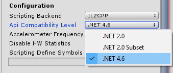 The Configuration section of the Player settings. The options shown above change depending on your chosen build platform.